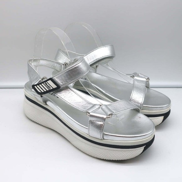 Prada Platform Ankle Strap Sandals Silver Metallic Leather Size 41 - Picture 1 of 11